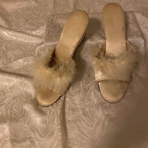 Ladies Cream Satin 2”wedge heels fur trim slippers